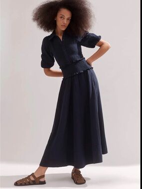 ME+EM cheese cloth, shirred Maxi shirt dress, navy, size 6 NWT